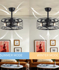 Enclosed Ceiling Fan With Lights Remote Control, Low Profile Dope Look, Reversible Motor With 3 Speed Settings showcased in a room setting for summer and winter modes, 20 Inch Black.