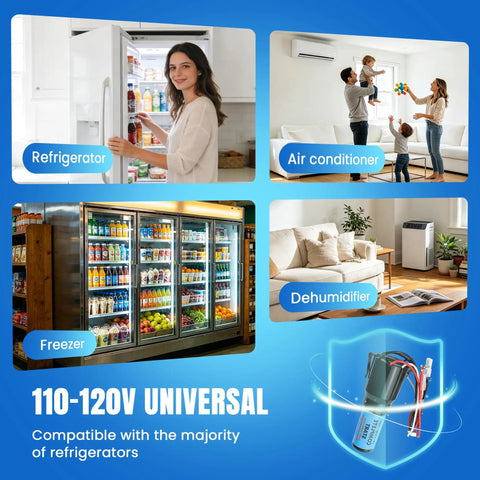 Urco410 3 In 1 Hard Start Kit For Fridges And Freezers featuring relay overload and capacitor combo on a universal background.
