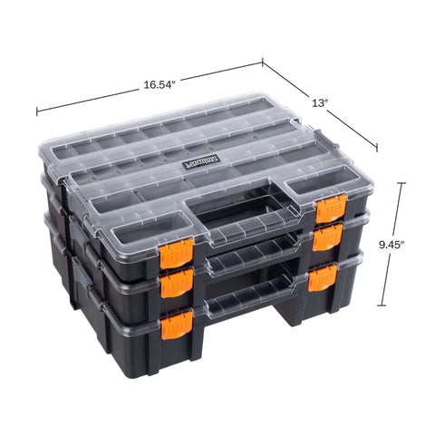 Three In One Portable Tool Box Organizer With Fifty Two Customizable Compartments For Hardware Craft Supplies Beads And Small Parts Grab And Go Three Tier Storage Case For Home Garage And Workshop, showing three-tier black and clear box with orange latches and dimensions.