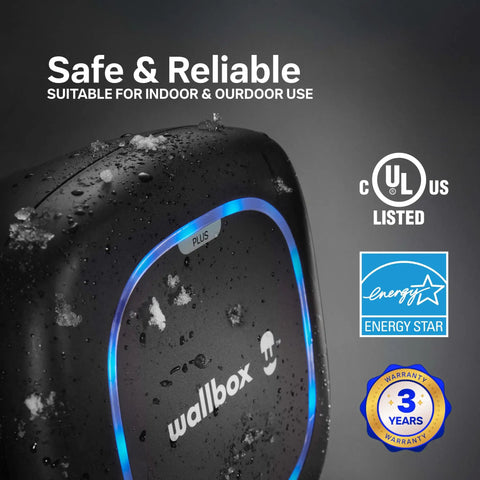 Close-up of Level 2 Ev Charger 48 Amp yields a beefy 11.5 kilowatts, showing safety ratings and water droplets.