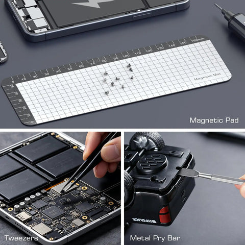 Handy Portable Electric Screwdriver Kit With 70 Precision Tools And Sixty Four S2 Magnetic Bits Five Adjustable Torque Levels For No Sweat Gadget Repairs And Quick Tech Fixes with magnetic mat and tools.