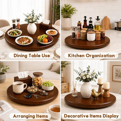 Top Shelf Walnut Lazy Susan Turntable 35.5 Inch Oversized Counter Rotating Tray With No Sweat 360 Spin Base for kitchen and dining use.