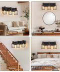 Farmhouse Vanity Light Three Light Wood Over Mirror Fixtures Black Industrial Metal Shade Rustic Bathroom Lighting displayed in living room, bathroom, staircase, and bedroom settings.