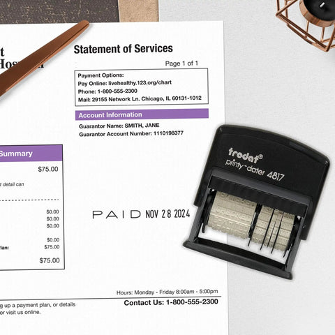 Premium Self Ink Date Stamp Featuring Dial Phrase Adjuster Boasts 12 Go To Office Sayings Date Month Day Year Config on invoice