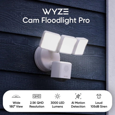 Floodlight Security Camera Pro With 2.5K HD Color Night Vision installed on a wall, featuring 180-degree wide view and 3000 lumen LEDs