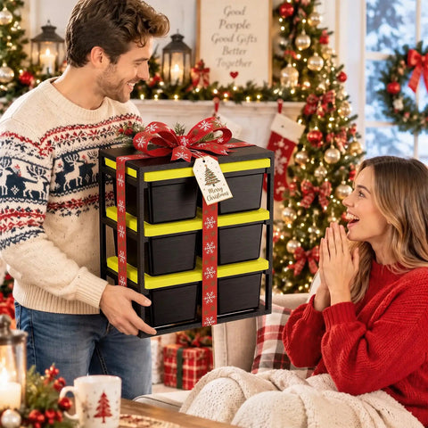 6 Piece Stackable Mini Storage Bins With Bright Yellow Lids And Sturdy Black Rack Compact Plastic Containers, gift setup in festive living room.