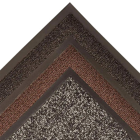 Close-up of three Prelude 3x6 Indoor Outdoor Entrance Mat For Heavy Traffic, showing black, brown, and speckled designs