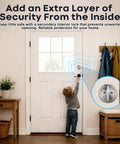 Image of a child reaching for a keyless deadbolt lock with double plate and satin nickel protecting patios and doors.