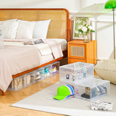 Sleek Stackable Clear Hat Organizer Two Pack With Smooth Glide Drawers Holds A Dozen Baseball Caps Each on a bedroom floor.