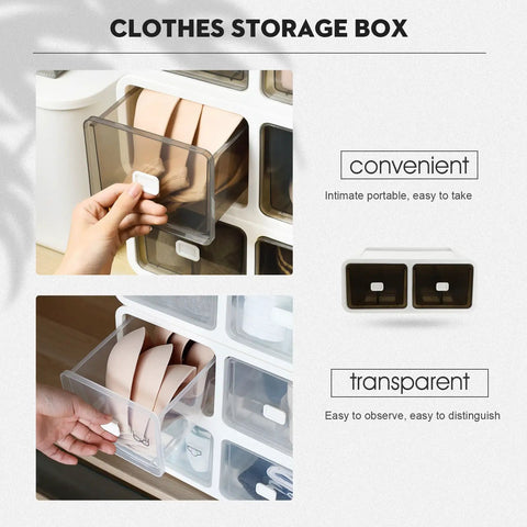 Kick It Organized With Top Tier Stackable Underwear Drawer Box Featuring Heavy Duty PP Plastic Closet Dividers To Keep Your Socks Snug And Your Morning Routine Smooth, transparent container showing organized items.