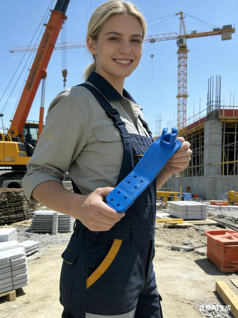 Person holding blue Anchor Bolt Holder Five Eighths Inch Handle Saver, Reusable Clamp For Precise Concrete Bolt Installation at construction site.