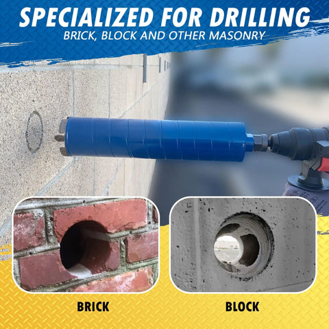Dry Diamond Core Drill Bit For Brick And Block With Half Inch Shank Pilot Bit Adapter In Use Drilling Hole In Brick Wall