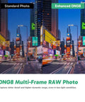 Comparison of standard photo and enhanced DNG8 in low light urban setting, illustrating Weatherproof 5.7K 360 Video Action Camera Creator Bundle features