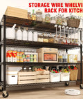 Heavy Duty 2640 Pound Storage Shelves With Wheels, 71 Inch Tall Commercial Garage Shelving Unit with kitchen items organized.