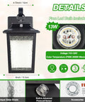 Premium Black Led Outdoor Wall Lantern Waterproof Design Packing Hella Bright 13 Watts With Auto Dusk Sensor And 3000K Warm White Glow detailed view with unique glass shade.