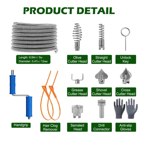 Badass Heavy Duty Drain Snake And Auger With Drill Attachment Plumbing Tool 9.8Ft Galvanized Steel Spring parts and accessories layout