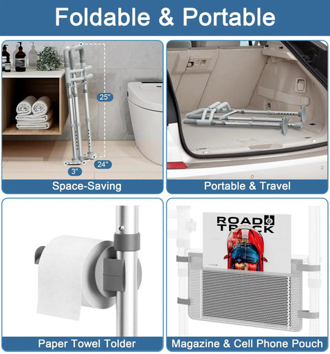Rock Solid Adjustable Toilet Safety Rail And Grab Bar For Seniors, Supports Up To 350 Pounds, foldable and portable design for travel.