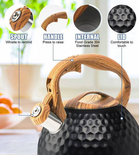 Close-up of Stovetop Tea Kettle 3.2 Quart Stainless Steel Whistling Teapot With Wood Pattern Handle