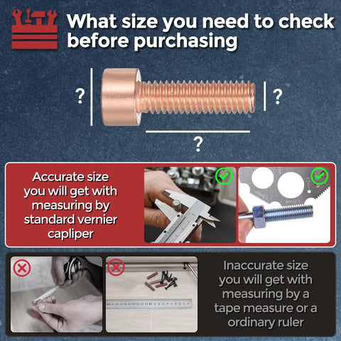 Premium Grade Red Copper Socket Head Cap Screws Plus Hex Nuts Kit M4 0.7x16mm with measurement tips using caliper.