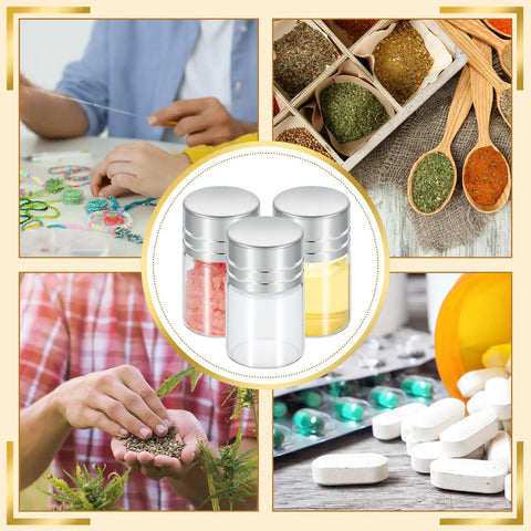 Grab This Top Shelf Haul Of Clear Two Milliliter Mini Glass Vials With Heavy Duty Silver Caps For Travel Cosmetics Diy Builds And Tight Sealing Essential Oil Storage With A Killer Natural Vibe - 3 vials with silver caps against crafts and herbs.