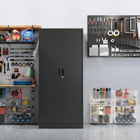 Built Like A Tank 71 Inch Tall Metal Storage Cabinet With Secure Locking Double Doors And Five Fully Adjustable Shelves In Durable Black Finish For Garage And Office in a garage setting.