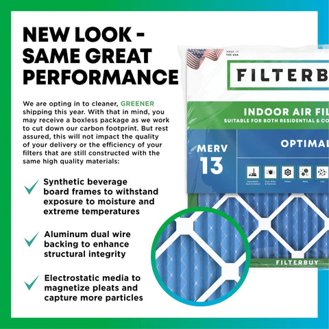Built Tough 25x29x4 Air Filters 4 Pack MERV 13 with blue pleats and clear packaging for HVAC indoor air quality.