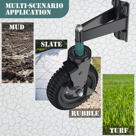 Heavy Duty Eight Inch Gate Wheel With Brake Featuring Spring Shock Absorption To Roll Smooth Over Rough Terrain Without Dragging On Wooden Or Metal Tube Fences All Year Round, mounted on different surfaces.