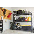 Robust 3 Tier Steel Shelving Rack With 6000 Lb Heavy Duty Capacity For Garage And Warehouse Storage holding various storage bins and tools.
