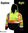 Hi Vis Bomber Workwear Jacket For Outdoorsmen, ANSI Class 3 High Visibility Neon Lime Waterproof with reflective taping, Size Large