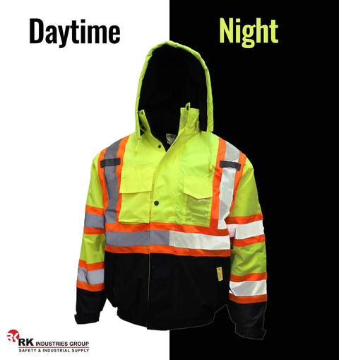 Hi Vis Bomber Workwear Jacket For Outdoorsmen, ANSI Class 3 High Visibility Neon Lime Waterproof with reflective taping, Size Large