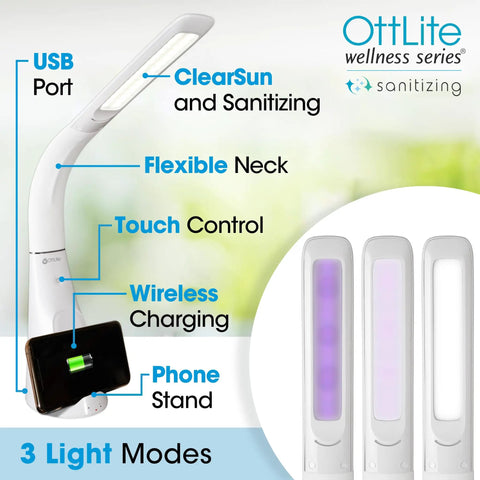 Purify LED Desk Lamp With Wireless Charging, Touch Activated, Flexible Gooseneck displayed with features like USB port.