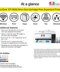 EcoTank Wireless Color All In One Printer With Scanner And Copier, Fax, Ethernet, Supertank System, Printing Up To 13 By 19 Inches, White Ideal For Home Office And Small Business Use, shown with features and ink bottles.