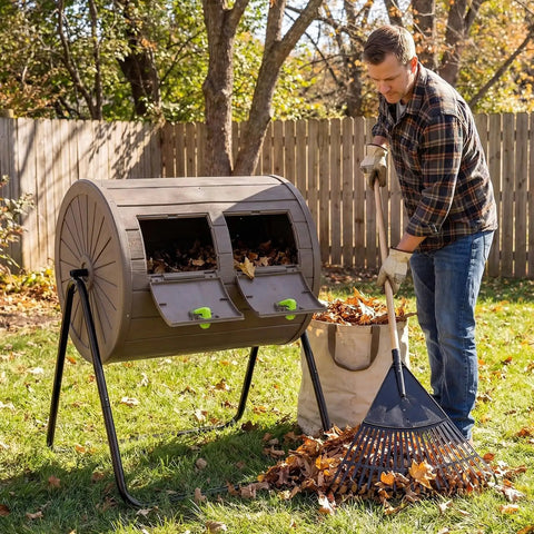 Man using Dual Chamber Compost Bin With 360 Degree Rotating Tumbler 37.5 Gallon Outdoor Bin On Sturdy Metal Stand Lockable Doors BPA Free Plastic for yard waste