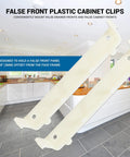 Two Pairs Plastic False Front Cabinet Clips For Attaching False Drawer Fronts To 3/4 Inch Face Frames And 5 Inch Drawer Openings Includes Screws Model R3307 shown in a kitchen setting.