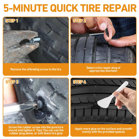 5-step guide showing Total Game Changer for Emergency Flat Repairs Featuring 40 Piece Tire Plug Kit and Three Tubes of Thick Black Tire Sealant.