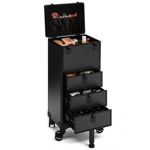 Ro ad Ready Roller Makeup Train Case With Three Spacious Drawers For Salon Pros And Grooming Artists Features Smooth Pivot Wheels And Tough Cosmetics Hauler Cart showing open top and drawers filled with supplies.