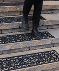 Person stepping on Non Slip Rubber Stair Treads For Indoor Outdoor Stairs 35x10 Inches 5 Pack Anti Skid Mat Heavy Duty Safe Step Covers