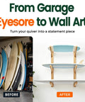 Solid 3 Tier Bamboo Surfboard Rack for Wall Mount or Floor Stand displays three boards in a stylish and organized manner.