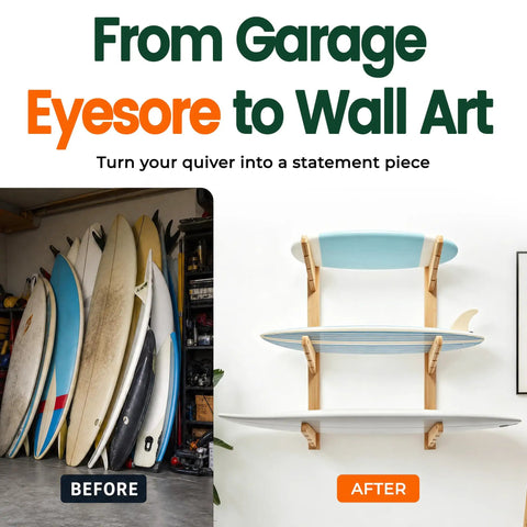 Solid 3 Tier Bamboo Surfboard Rack for Wall Mount or Floor Stand displays three boards in a stylish and organized manner.