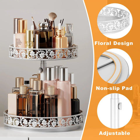 Image of 12 Inch 2 Tier Lazy Susan Turntable Organizer Adjustable Height, white floral design for spice or beauty items.