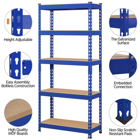 Heavy Duty 3 Pack 5 Tier Metal Storage Shelves For Garage Featuring Fully Adjustable Modular Frame In Bright Blue with MDF boards