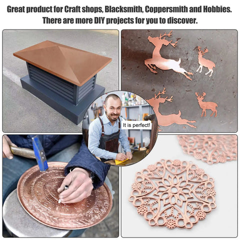 Collage of copper projects including decorative etchings, and crafts made with Pro Grade Copper Flashing Roll 99.95 Percent Pure.