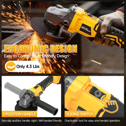 Hardcore Cordless Angle Grinder 4 Inch Smooth Operator Compatible With Dewalt 20V Max Batteries For Steel Fabrication And Home Renovation Jobs No Fuss Tool Only, ergonomic design, 4.3 lbs, sparks while cutting.