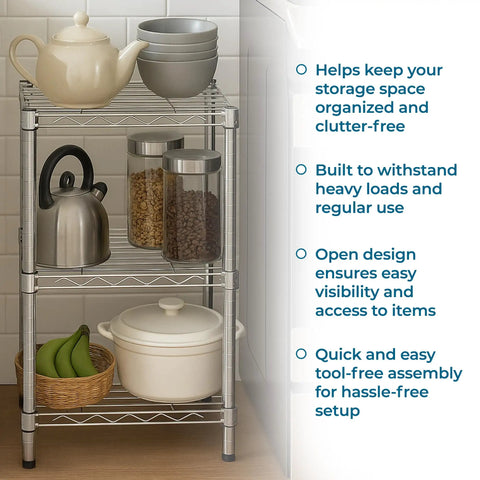 Rock Solid 3 Tier Stackable Chrome Wire Shelving Rack Carrying 200 Lb Per Shelf For No Fuss Quick Assembly And Compact Modular Organization For Closets Counters And Corners with kitchen items.