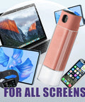 Pink 3-in-1 screen cleaner spray bottle with built-in wipe, 50-pack, shown with iPhone, iPad, laptop, tablet and smartwatch