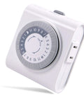 24 Hour Mechanical Timer Outlet With Two Polarized Plugs, White Exterior For Auto Lighting, Easy Push Pin Schedule, side view with dial