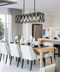 Rectangular Industrial Chandelier For Dining Room With Six E26 Lights, Black Metal Frame And Grille, overhead a dining table