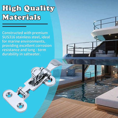 Badass Durability Marine Grade 316 Stainless Steel Boat Hatch Latch with Anti Rattle Mechanism and Heavy Duty Hold Down Clamp for Yachts Boats and Secure Storage, shown mounted.