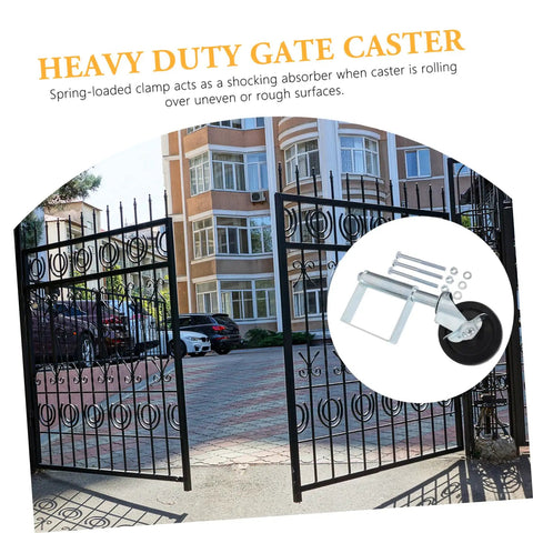 Heavy Duty Spring Loaded Gate Caster Wheel with Durable Shock Absorption for Fence and Backyard Gates, shown with mounting hardware.
