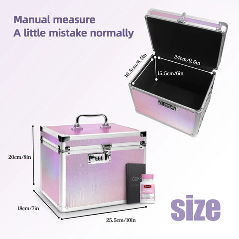 Colorful Aurora Combination Lock Box With Code For Personal Items Safe For Meds And Docs Portable Medicine Lockbox For Kids Jewelry And Important Papers 10 By 7.25 By 7.75 Inches showing dimensions and open lid